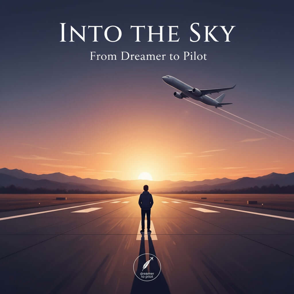 Into the Sky – Dreamer to Pilot book cover featuring a beginner pilot silhouette on a runway at sunrise with an airplane taking off.