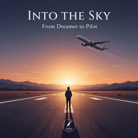 Into the Sky – Dreamer to Pilot book cover featuring a beginner pilot silhouette on a runway at sunrise with an airplane taking off.