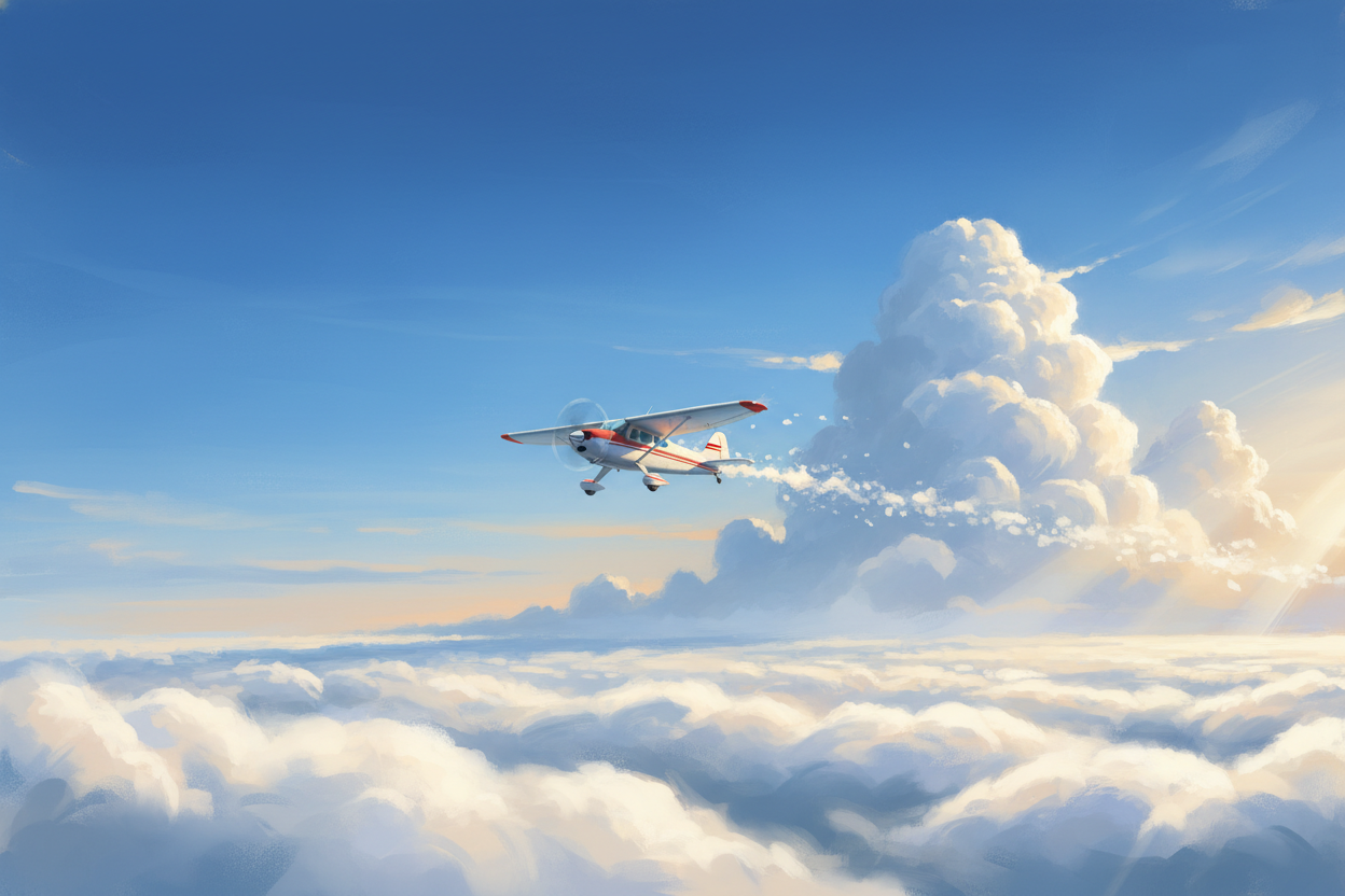 Cinematic, painterly illustration of a small aircraft breaking through a cloud layer into clear blue sky, with towering cumulonimbus in the distance glowing in warm sunlight. Soft color transitions, dramatic sky scenery, sense of movement and atmosphere, inspiring and educational mood.