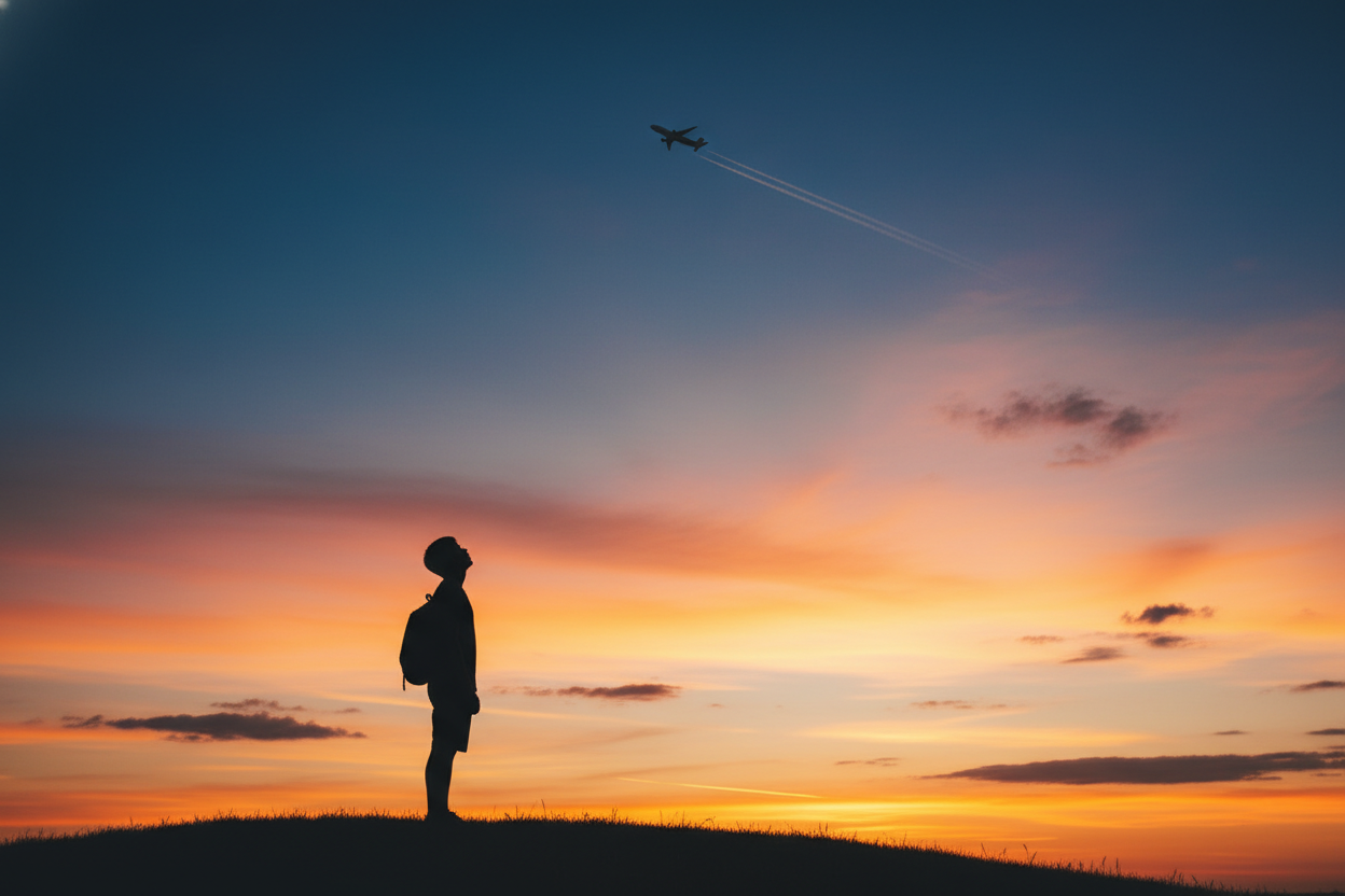 Silhouette of a young aspiring pilot looking up at a small airplane flying overhead against a dramatic sky. Blue/orange gradient, inspirational mood, lots of empty space for homepage text.